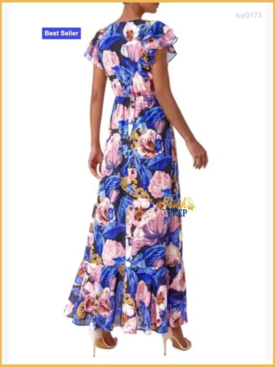 Floral Maxi Dress with V-Neck Ruffle Sleeves Elastic Waist Pockets - Picture 4 of 7